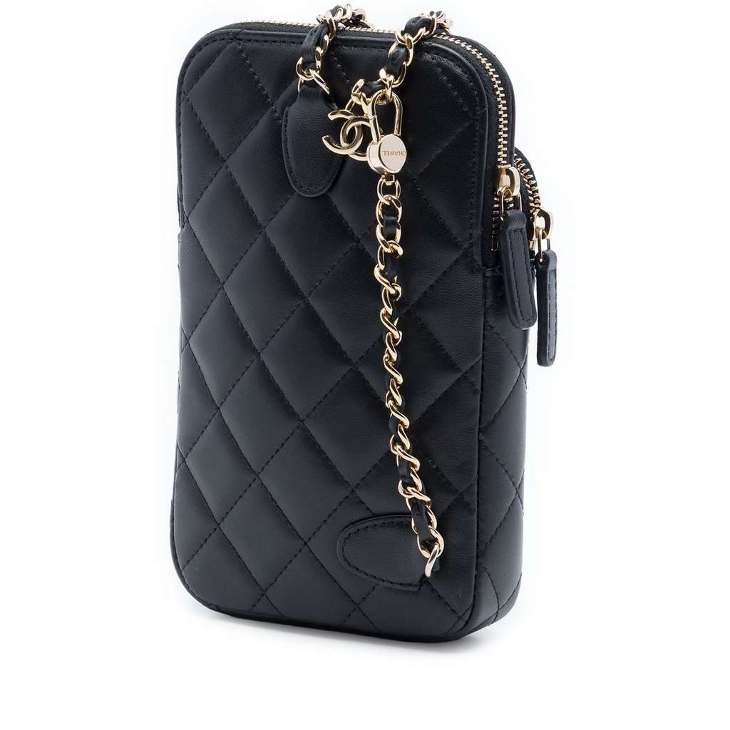 Chanel CC Quilted Lambskin Phone Holder With Chain Black Leather Very good - Back View