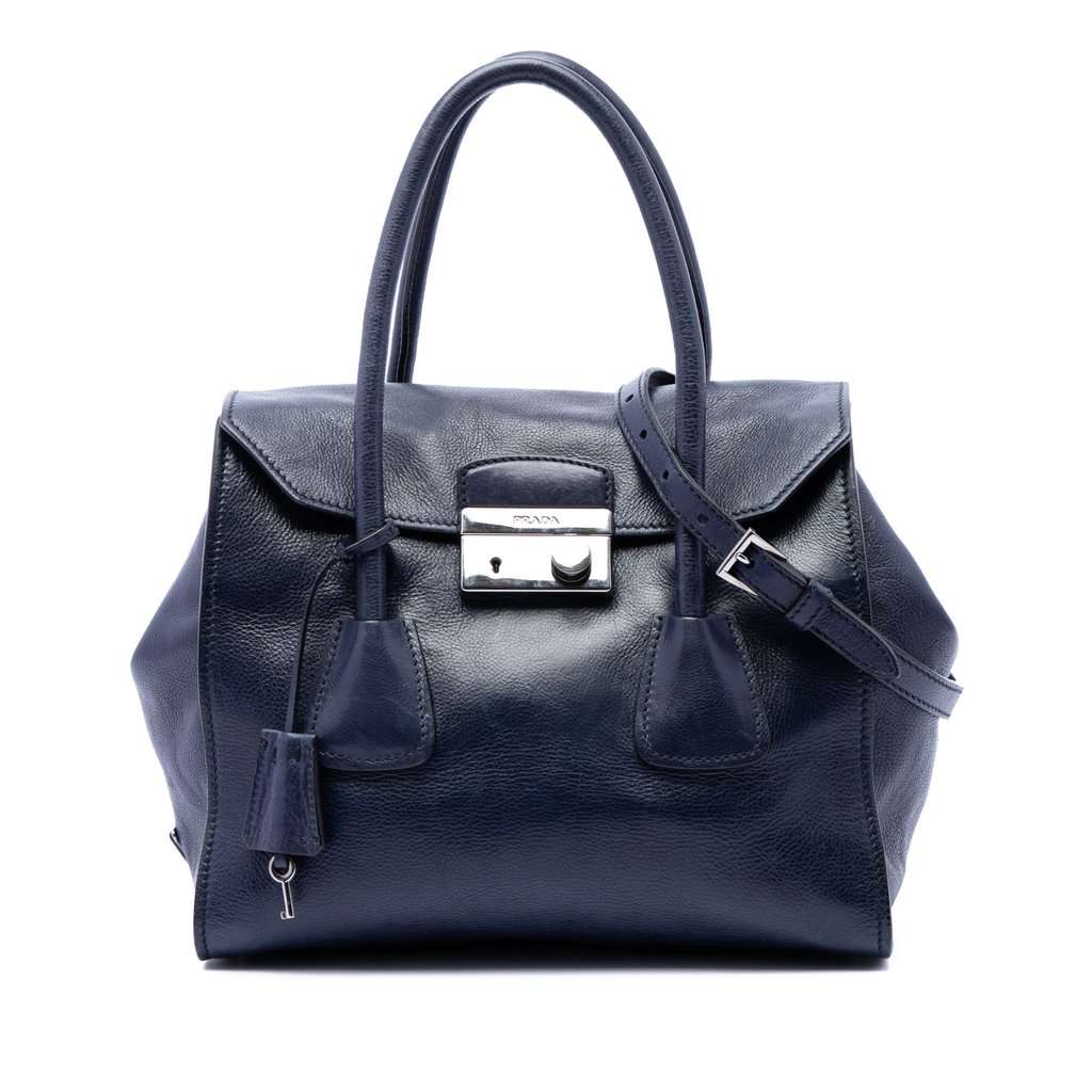 Prada Glace Calf Sound Lock Satchel Blue Leather Very good condition - Front View