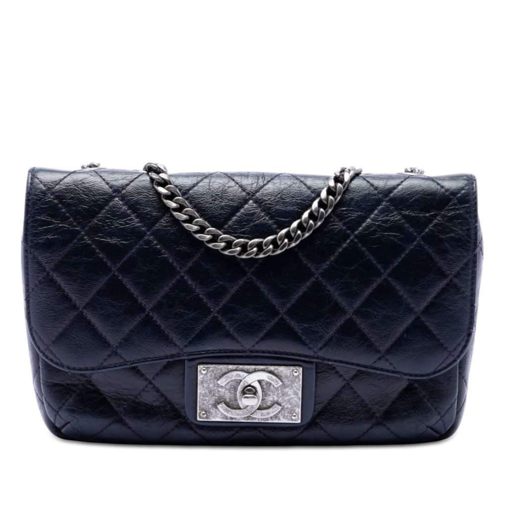 Chanel Medium Quilted Glazed Calfskin CC Plate Flap Blue Leather Very good condition - Front View