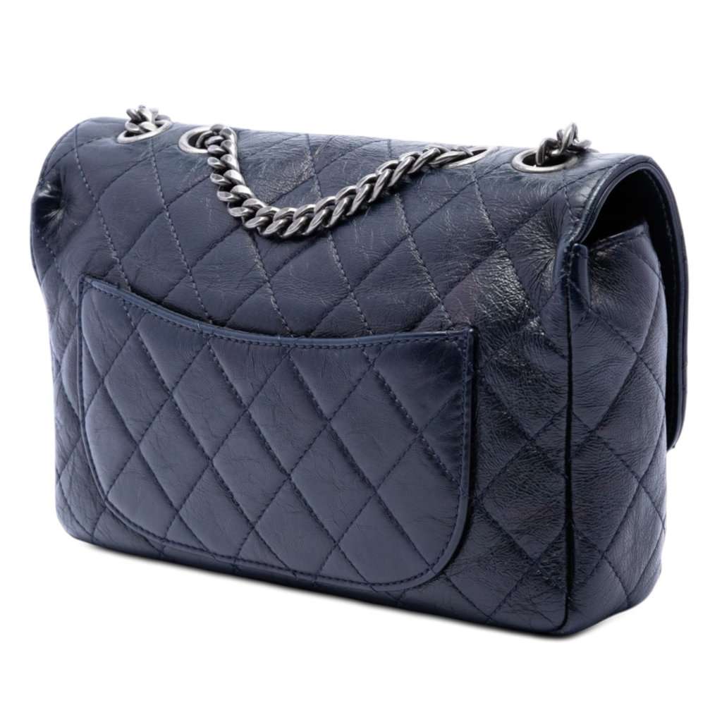 Chanel Medium Quilted Glazed Calfskin CC Plate Flap Blue Leather Very good condition - Back View