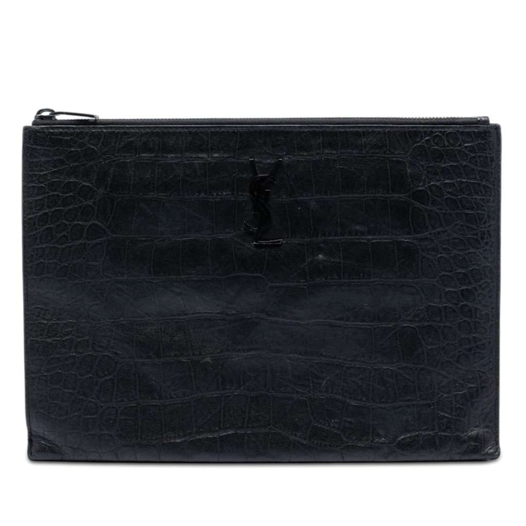Saint Laurent Croc Embossed Leather Monogram Document Holder Black Leather Very good - Front View