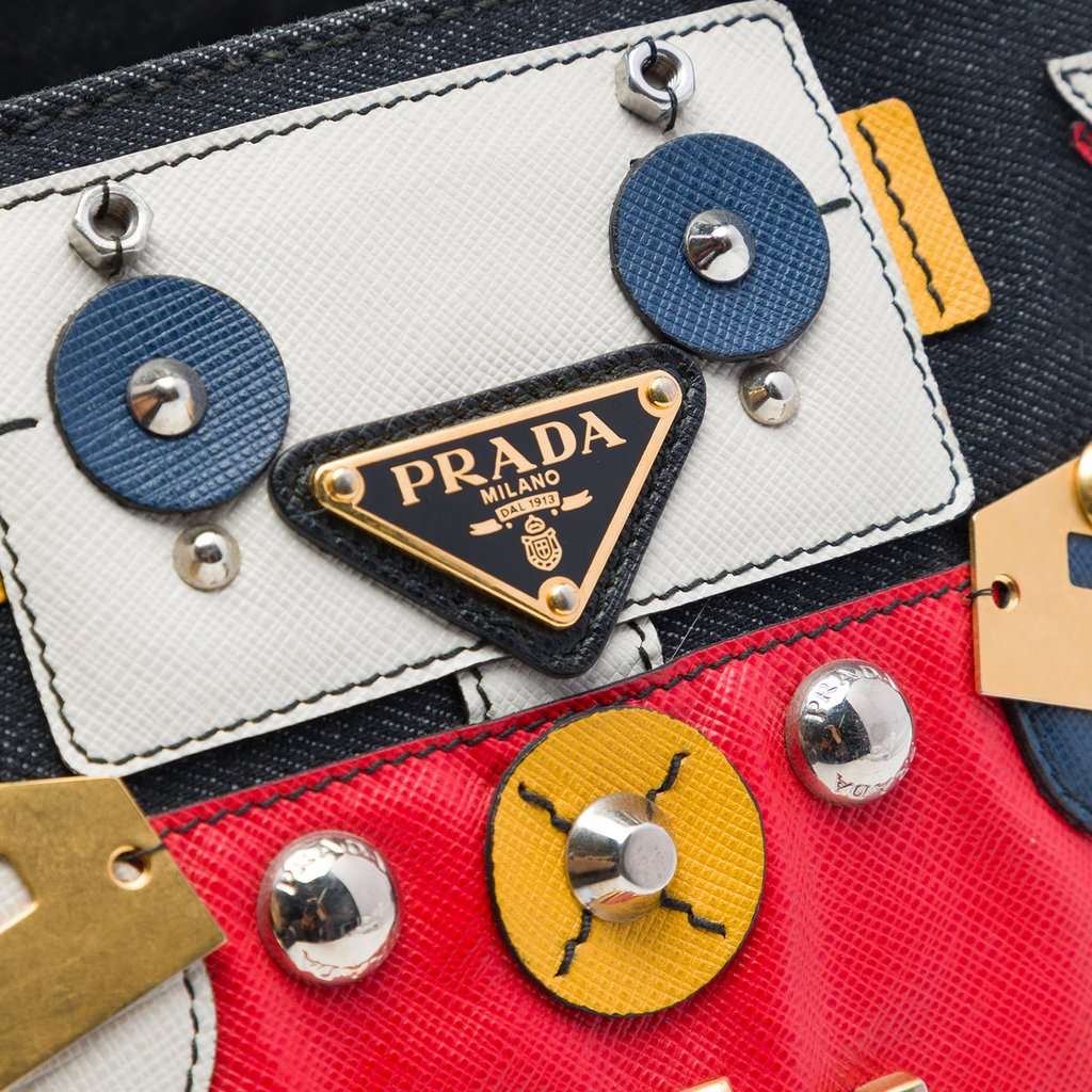 Prada Small Saffiano Trimmed Denim Canapa Robot Satchel Black Very good condition - Box View
