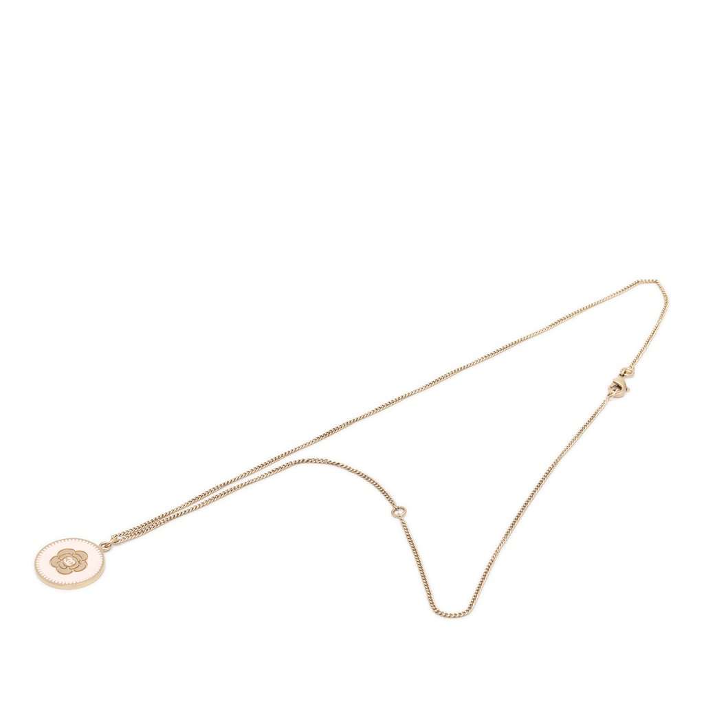 Chanel CC Gold Plated and Enamel Camellia Round Pendant Necklace Gold Metal Very good condition - Front View