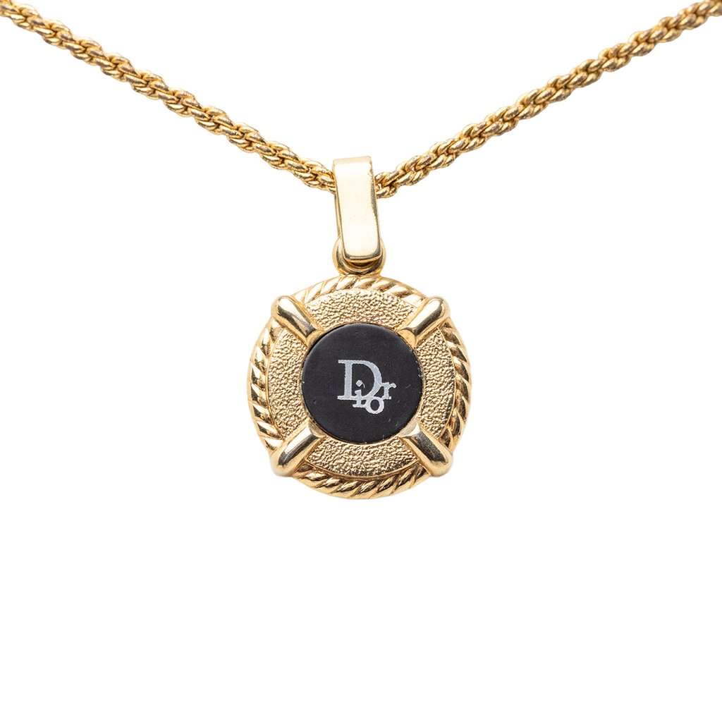 Dior Gold Plated Enamel Logo Round Pendant Necklace Gold Metal Very good condition - Back View