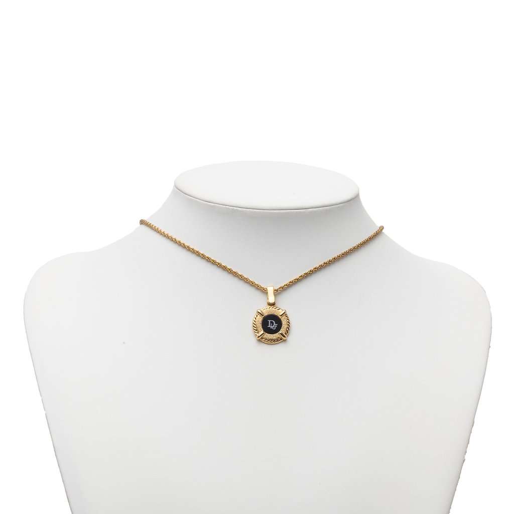 Dior Gold Plated Enamel Logo Round Pendant Necklace Gold Metal Very good condition - Box View
