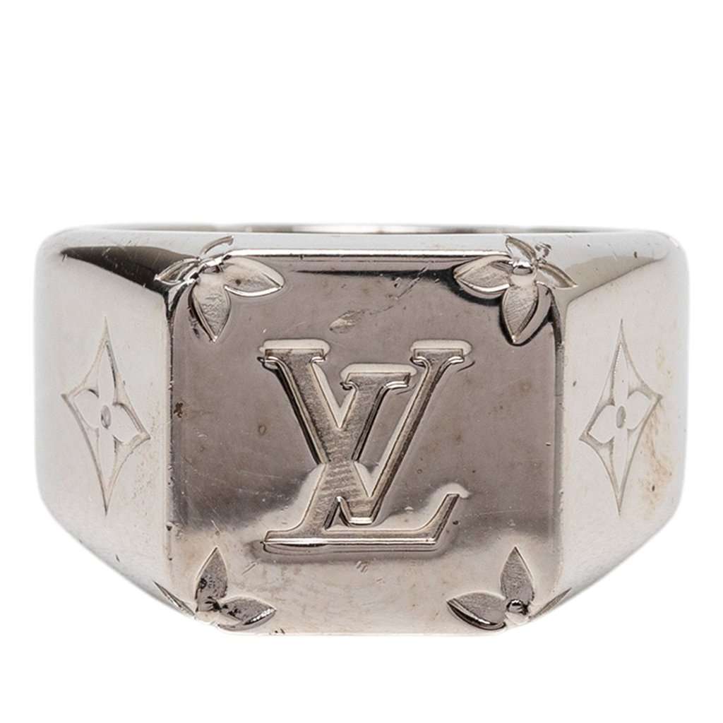 Louis Vuitton Brass Monogram Signet Ring M Silver Metal Very good - Front View