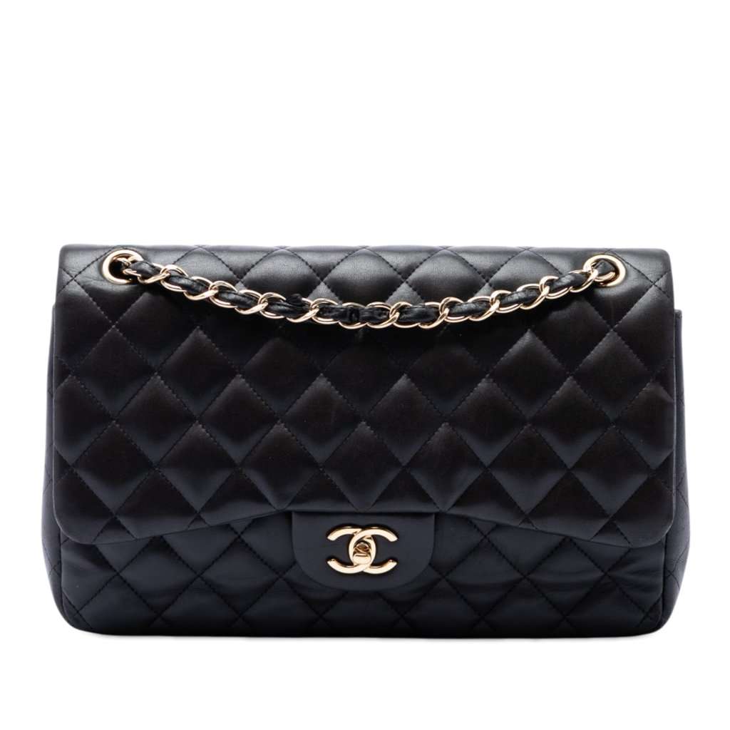 Chanel Jumbo Classic Lambskin Double Flap Black Leather Very good - Front View