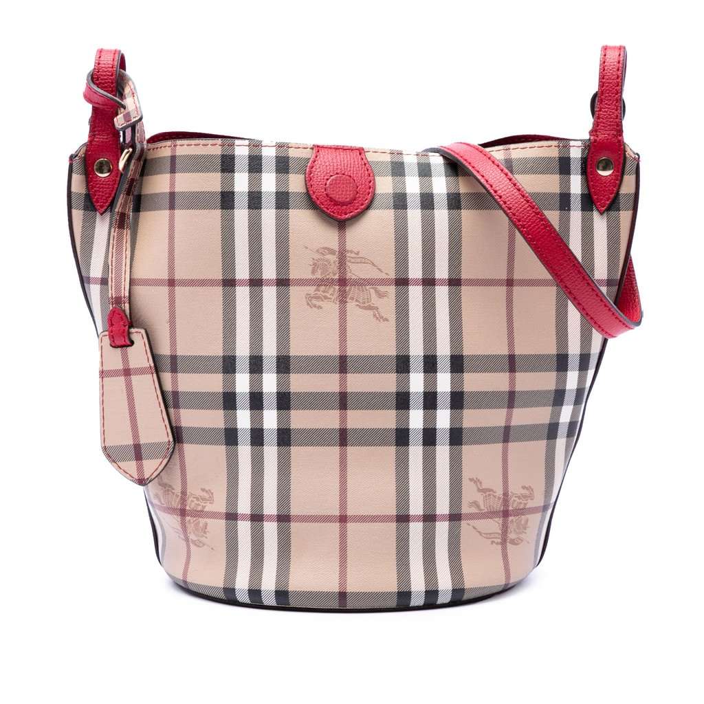 Burberry Haymarket Check Coated Canvas Lorne Bucket Bag Beige Very good condition - Front View