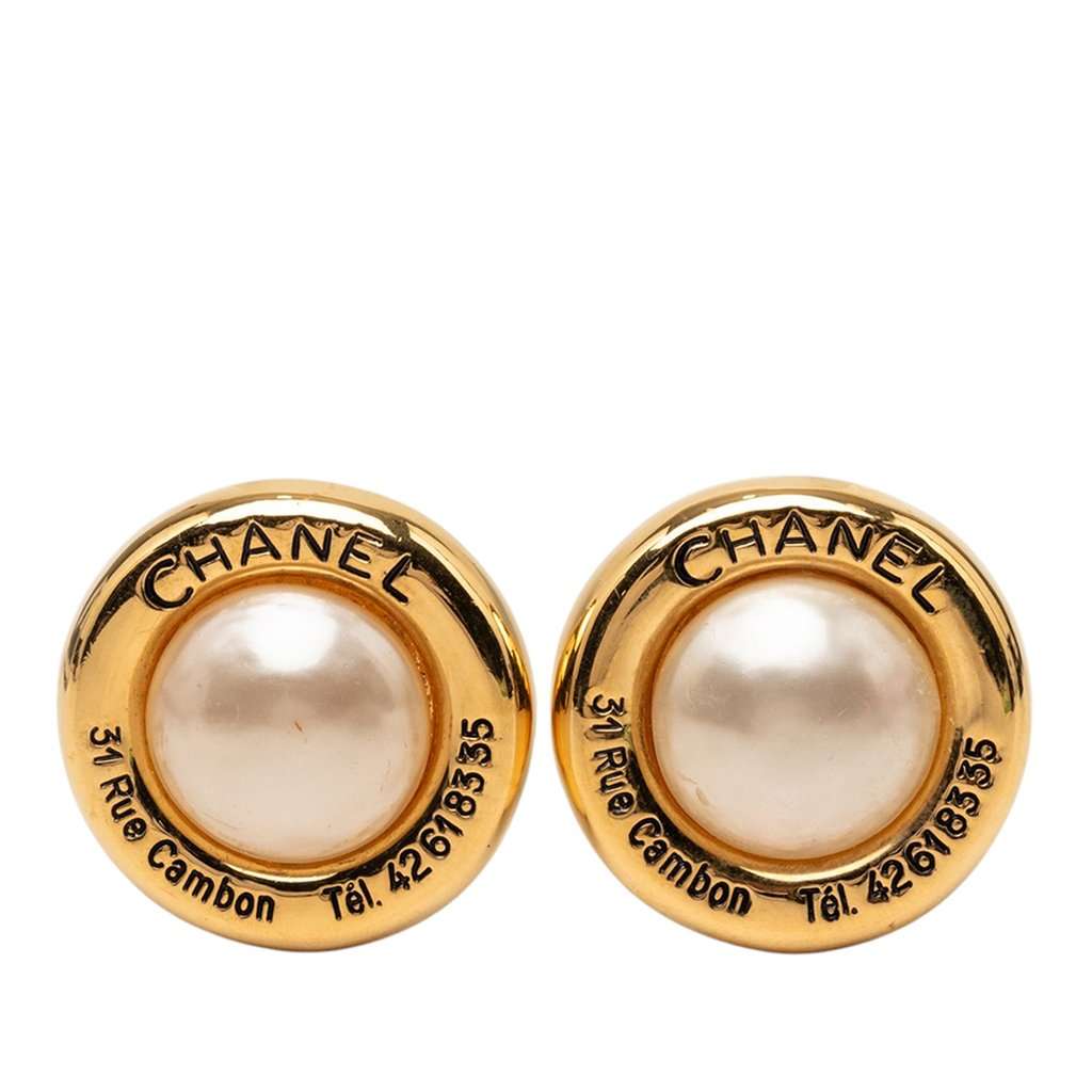Chanel Gold Plated Faux Pearl 31 Rue Cambon Clip on Earrings Gold Metal Very good - Front View
