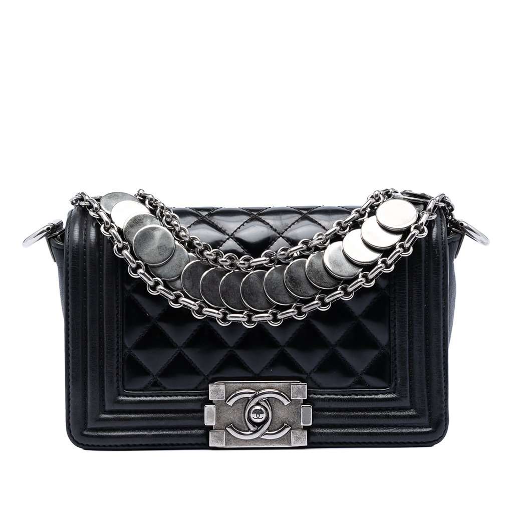 Chanel Paris Bombay Small Quilted Patent Medallion Embellished Boy Flap Black Leather Very good condition - Front View