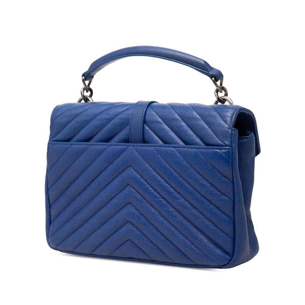 Saint Laurent Medium Quilted Chevron Sheepskin College Satchel Blue Leather Very good - Back View