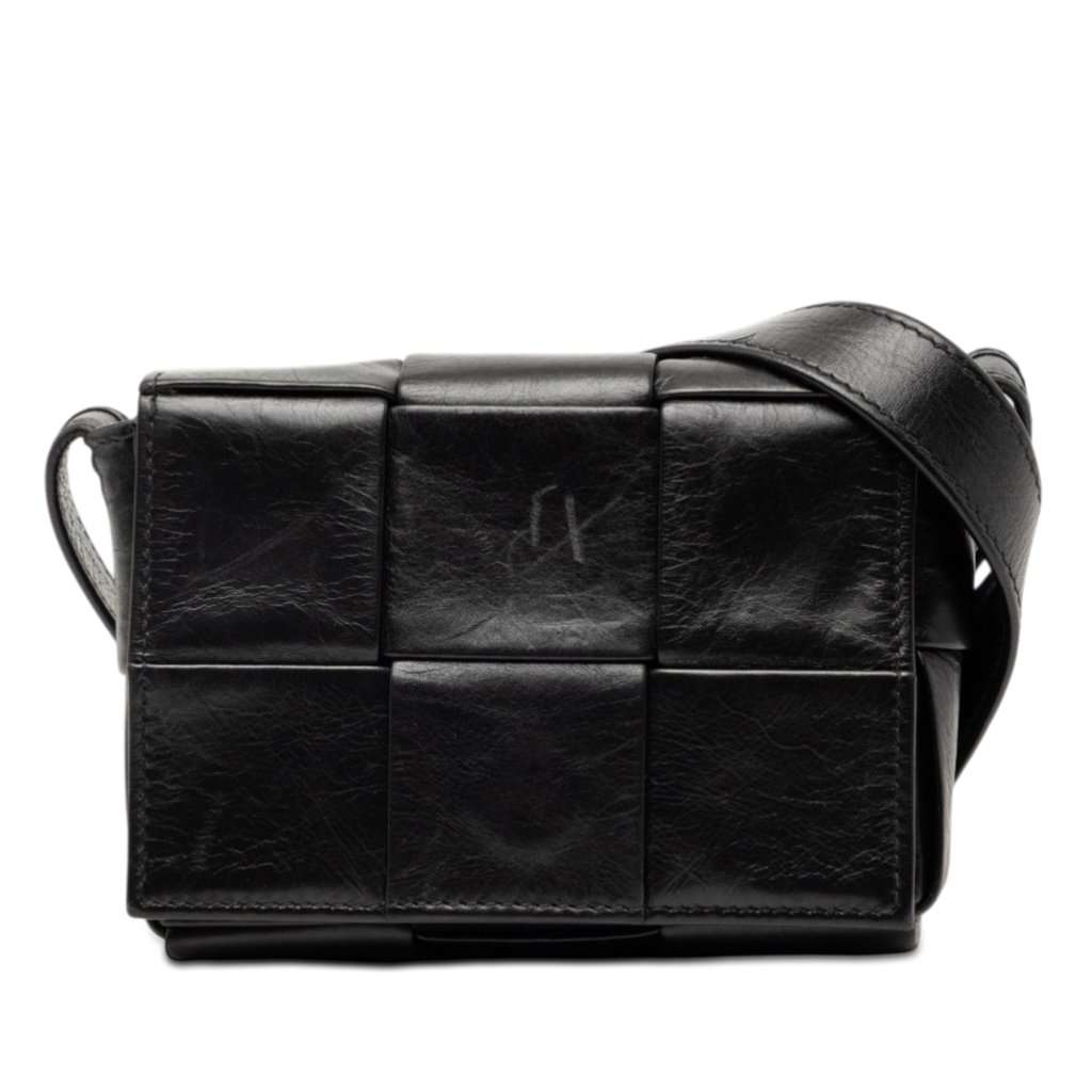 Bottega Veneta Candy Paper Calfskin Intrecciato Cassette Crossbody Black Leather Very good - Front View