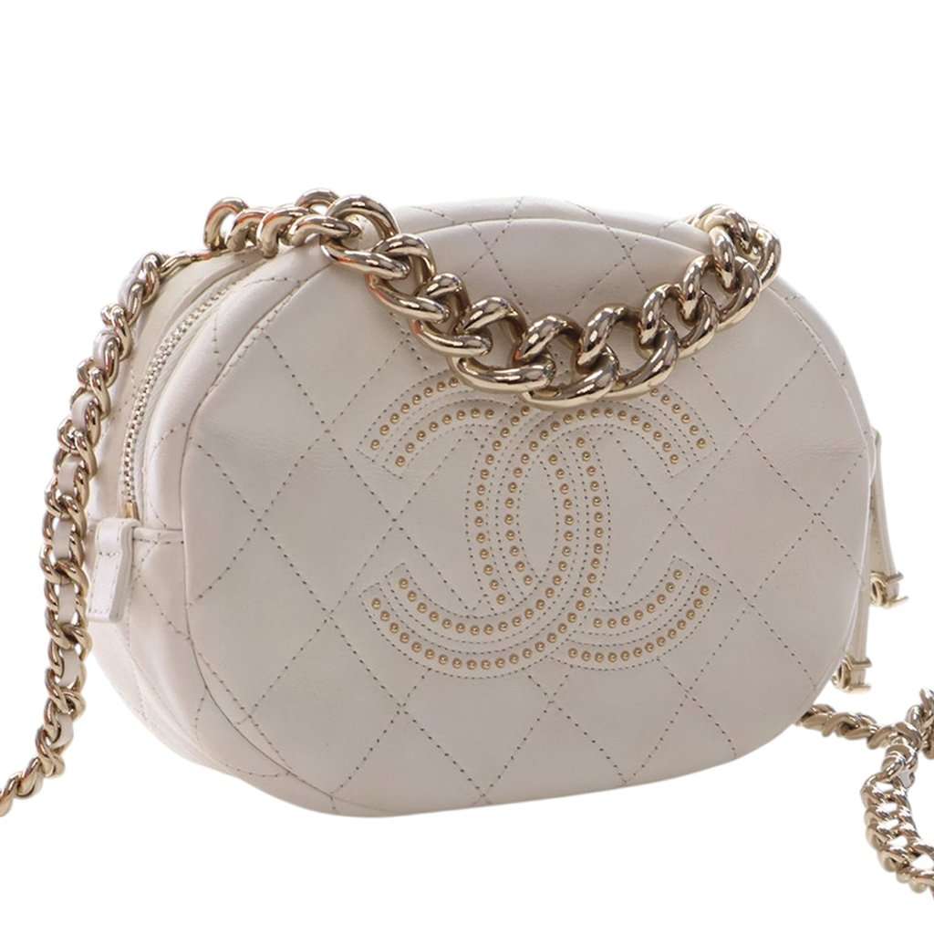 Chanel CC Quilted Studded Lambskin Round Camera Bag White Leather Very good condition - Back View
