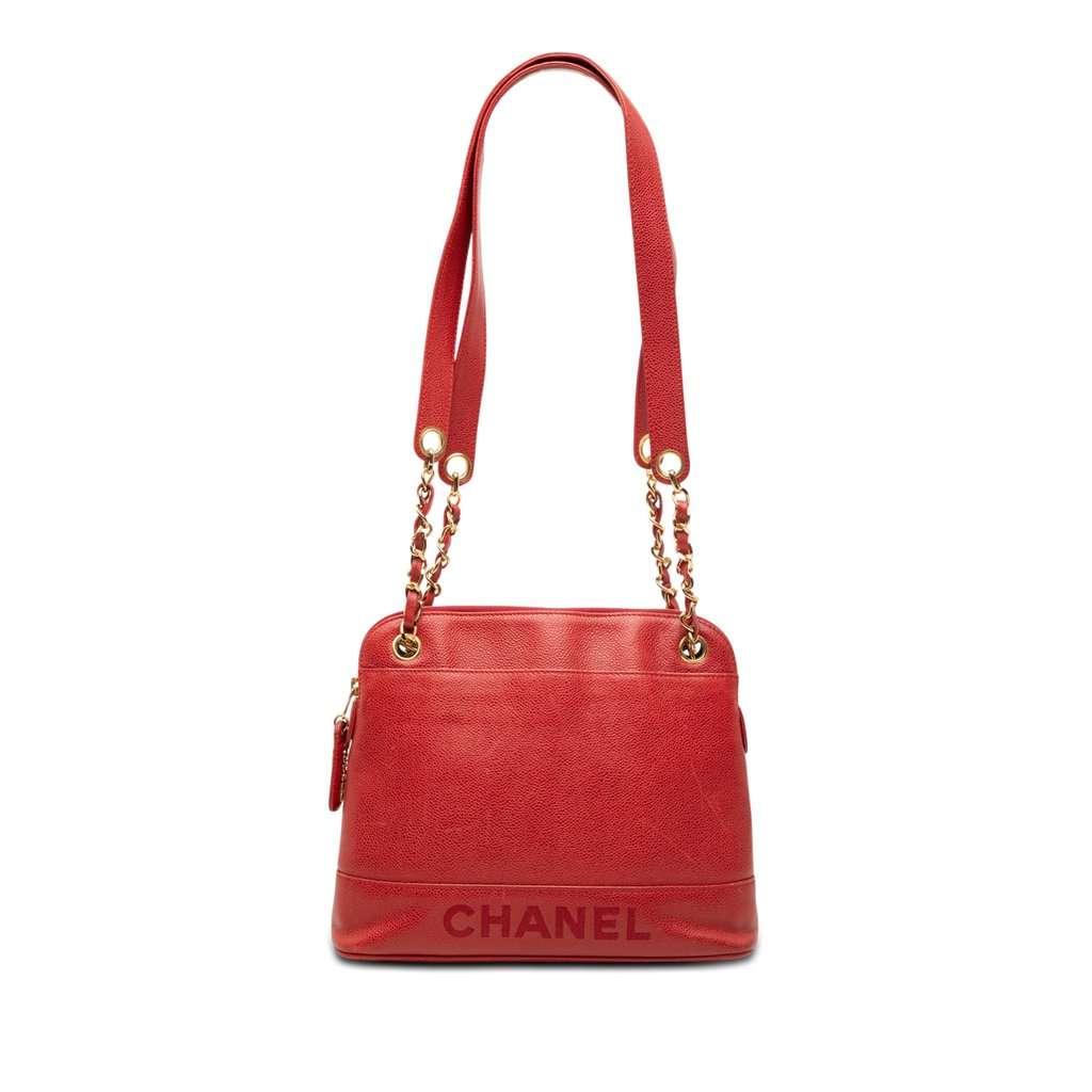 Chanel Caviar Logo Chain Shoulder Bag Red Leather Very good - Front View