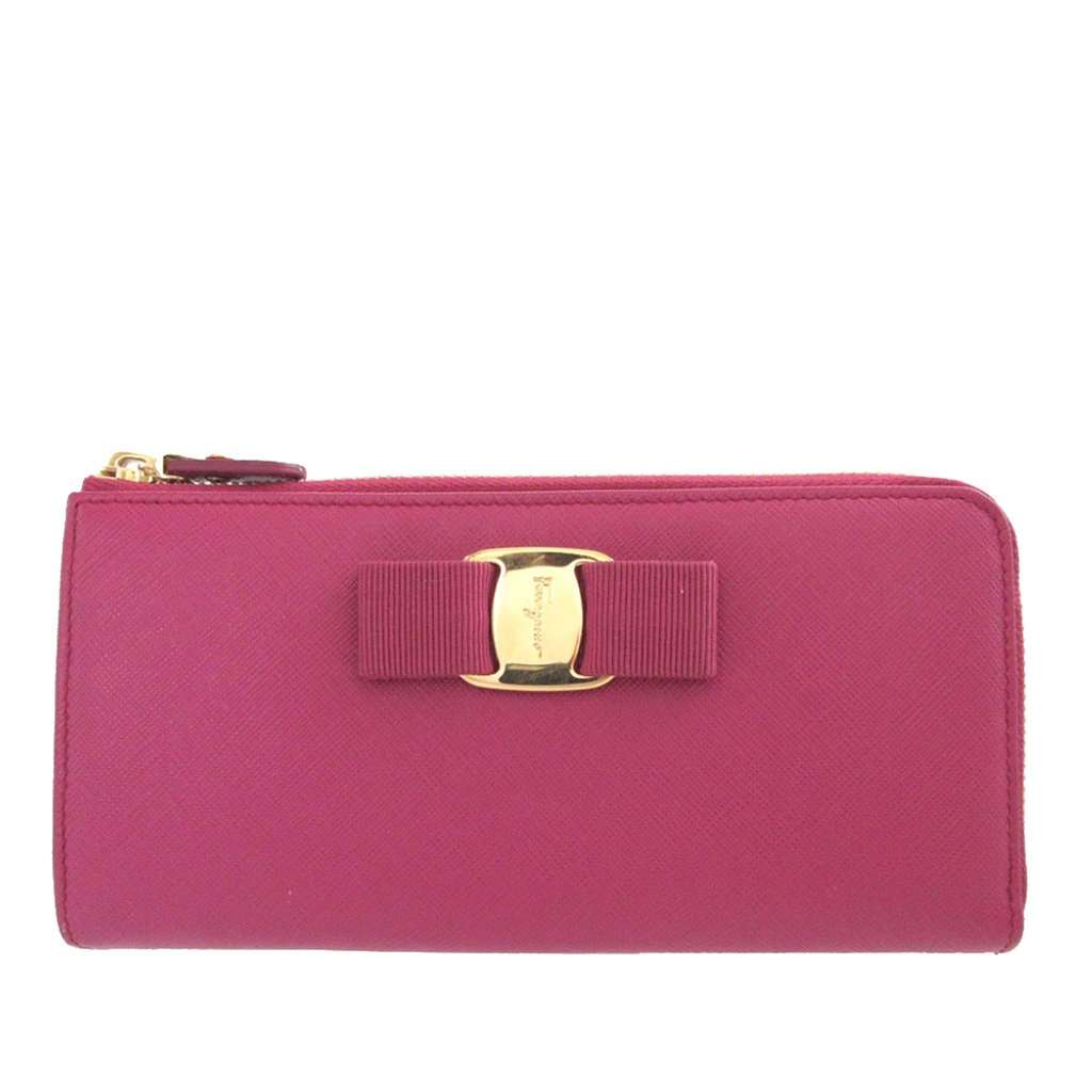 Salvatore Ferragamo Leather Vara Bow Zip Long Wallet Pink Leather Very good condition - Front View