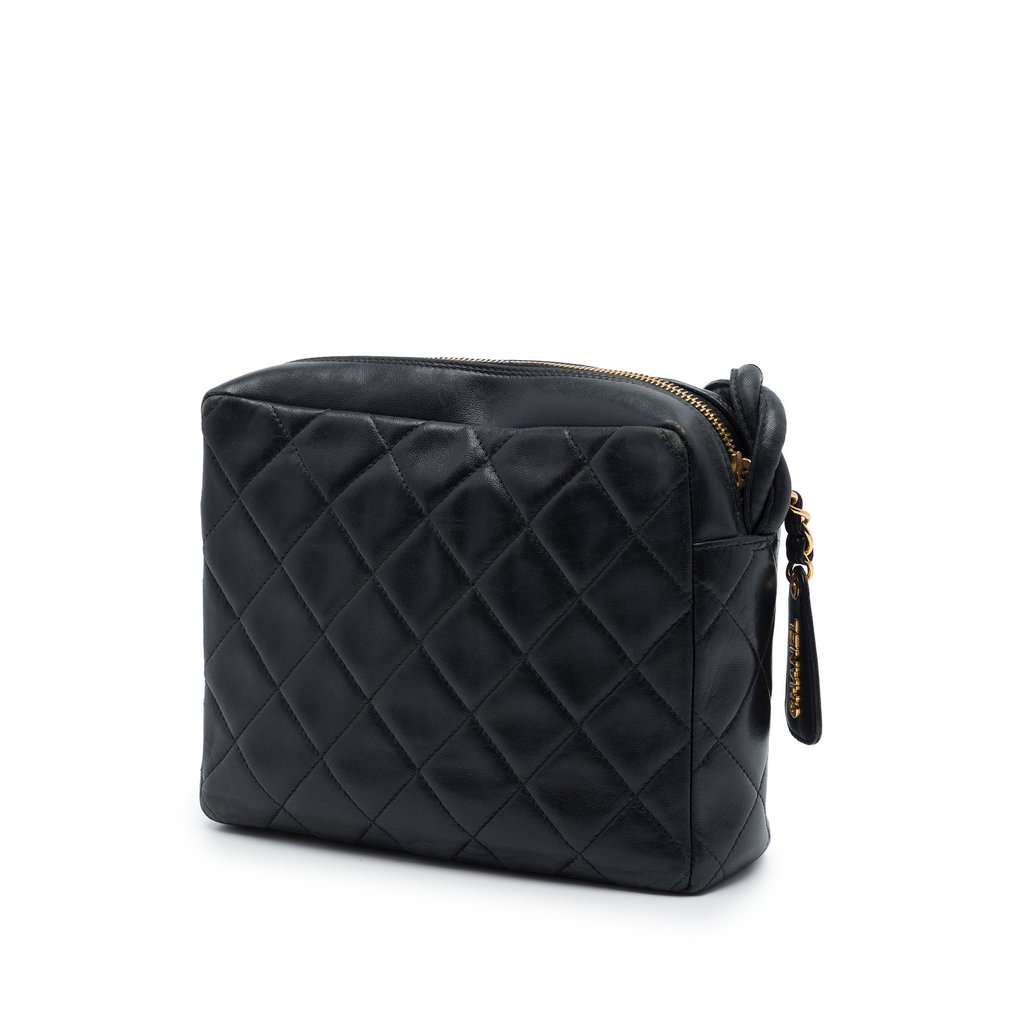Chanel CC Quilted Lambskin Twisted Strap Crossbody Black Leather Very good condition - Back View