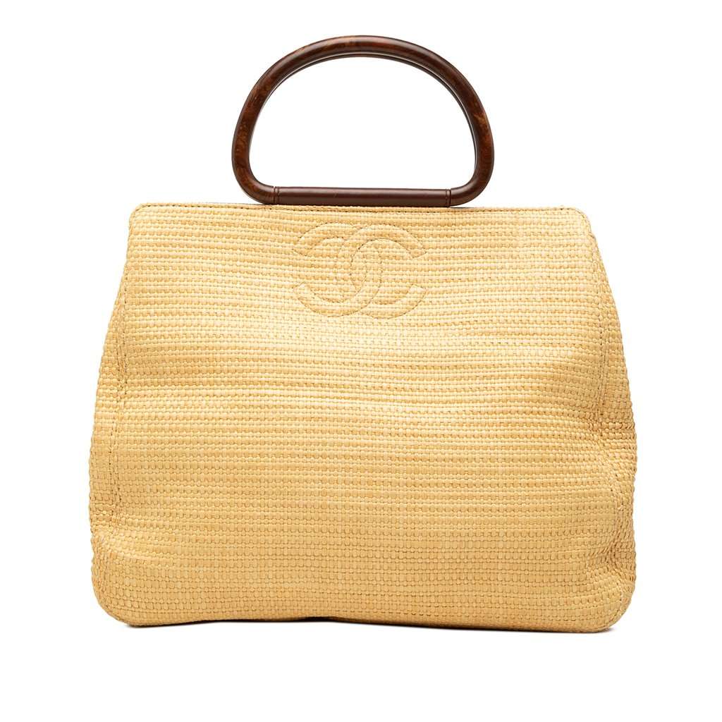 Chanel CC Raffia Wood Top Handle Tote Beige Very good - Front View