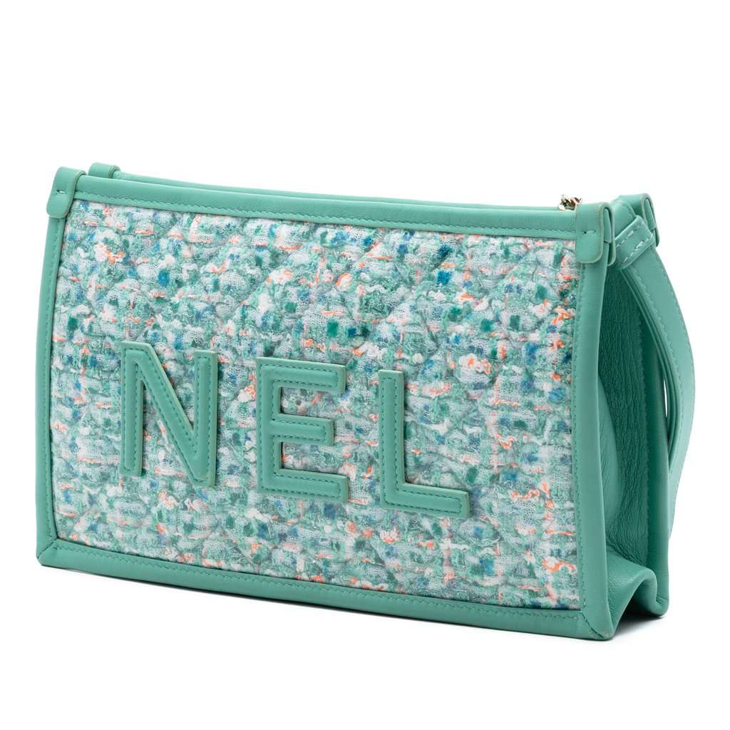 Chanel Quilted Tweed PVC Logo Wristlet Clutch Blue Very good condition - Back View