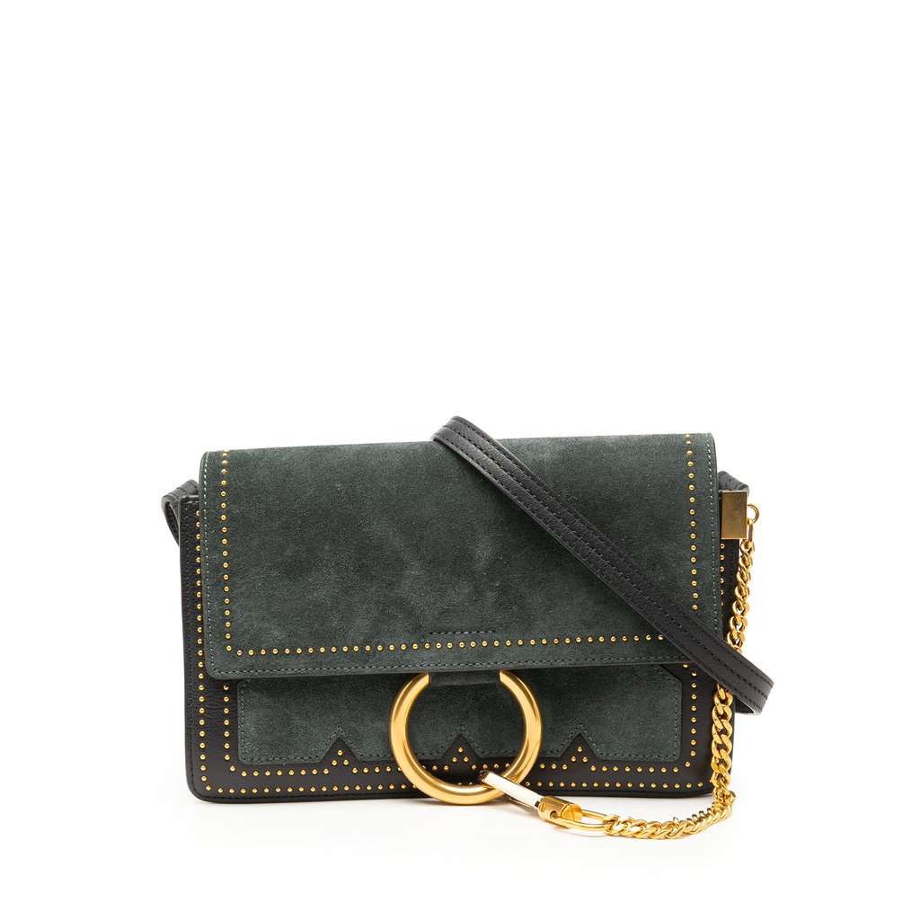 Chloé Small Studded Suede and Calfskin Faye Crossbody Green Leather Very good - Front View