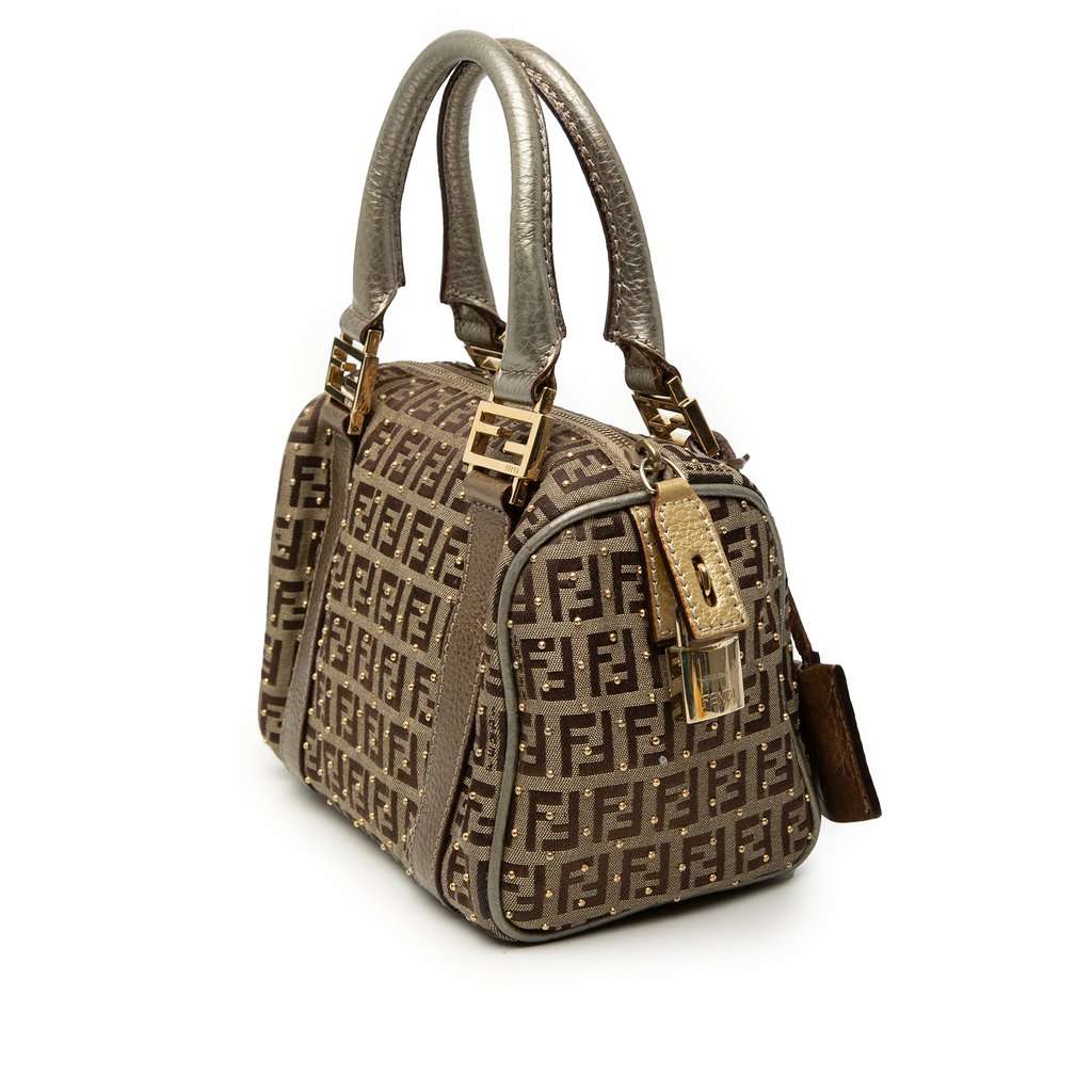 Fendi Mini Zucchino Canvas Forever Studded Bauletto Boston Bag Beige Very good - Back View