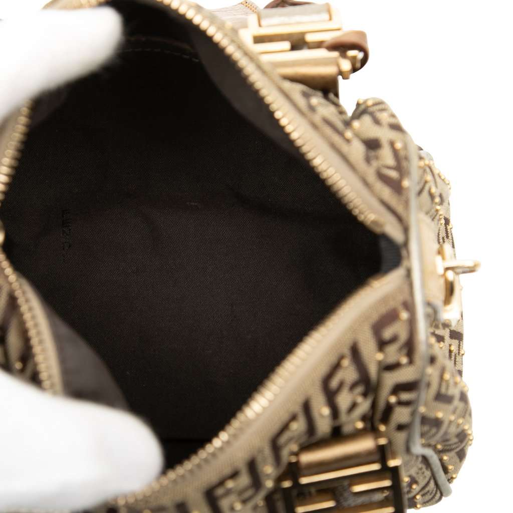 Fendi Mini Zucchino Canvas Forever Studded Bauletto Boston Bag Beige Very good - Model View