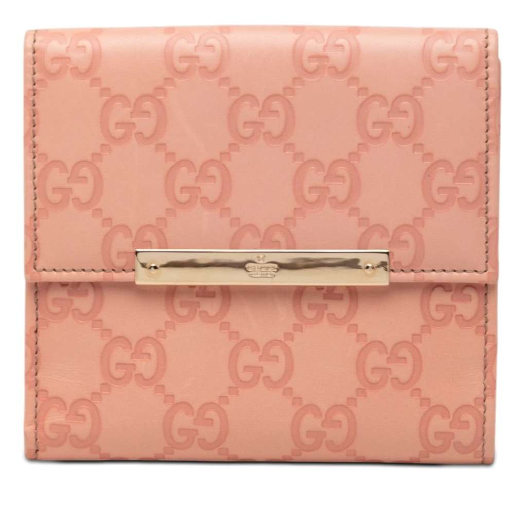 Gucci Guccissima Metal Bar French Flap Wallet Pink Leather Very good condition - Front View