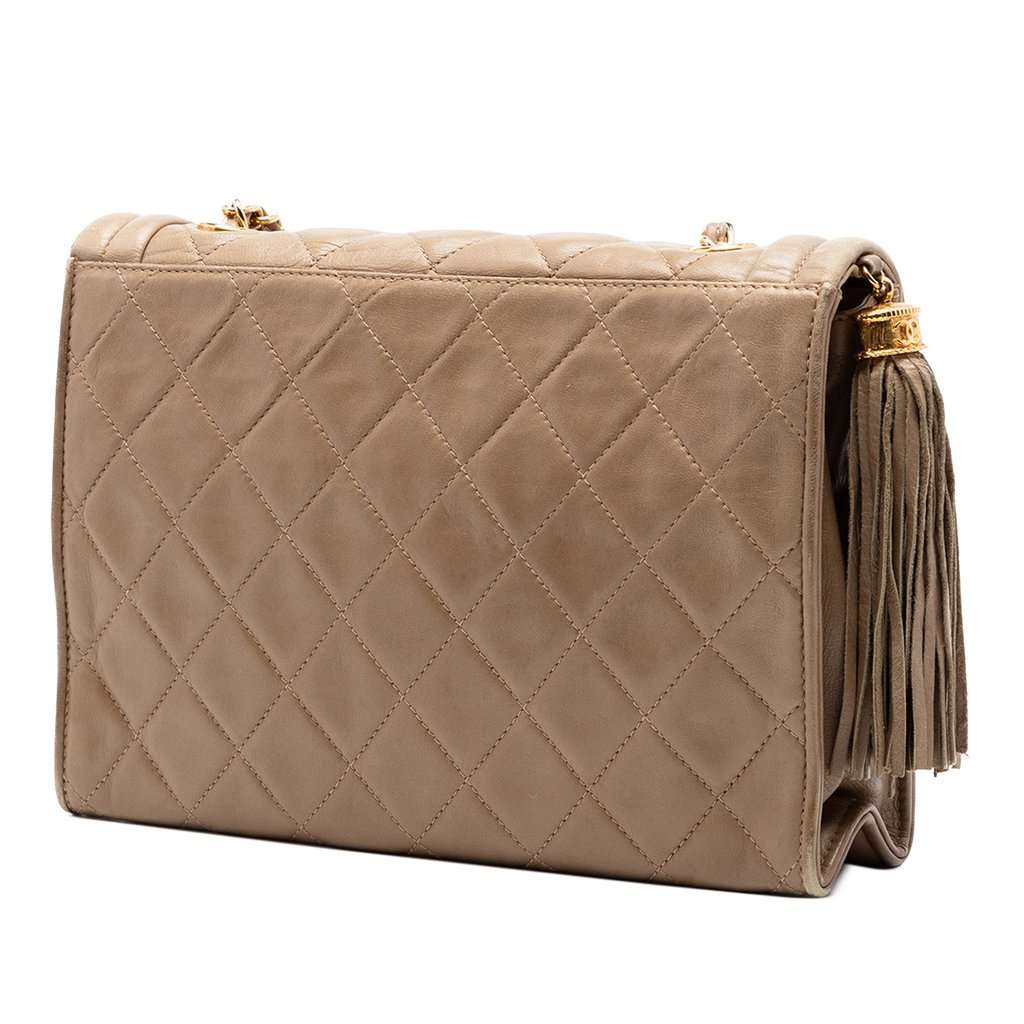 Chanel Quilted Lambskin Tassel Flap Beige Leather Very good condition - Back View