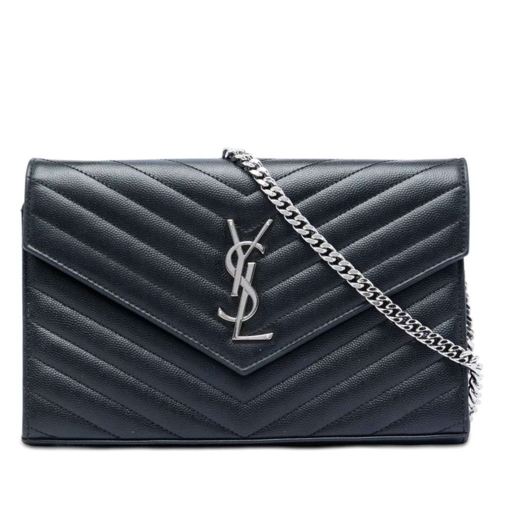 Saint Laurent Grain De Poudre Chevron Cassandre Envelope Chain Wallet Black Leather Very good - Front View