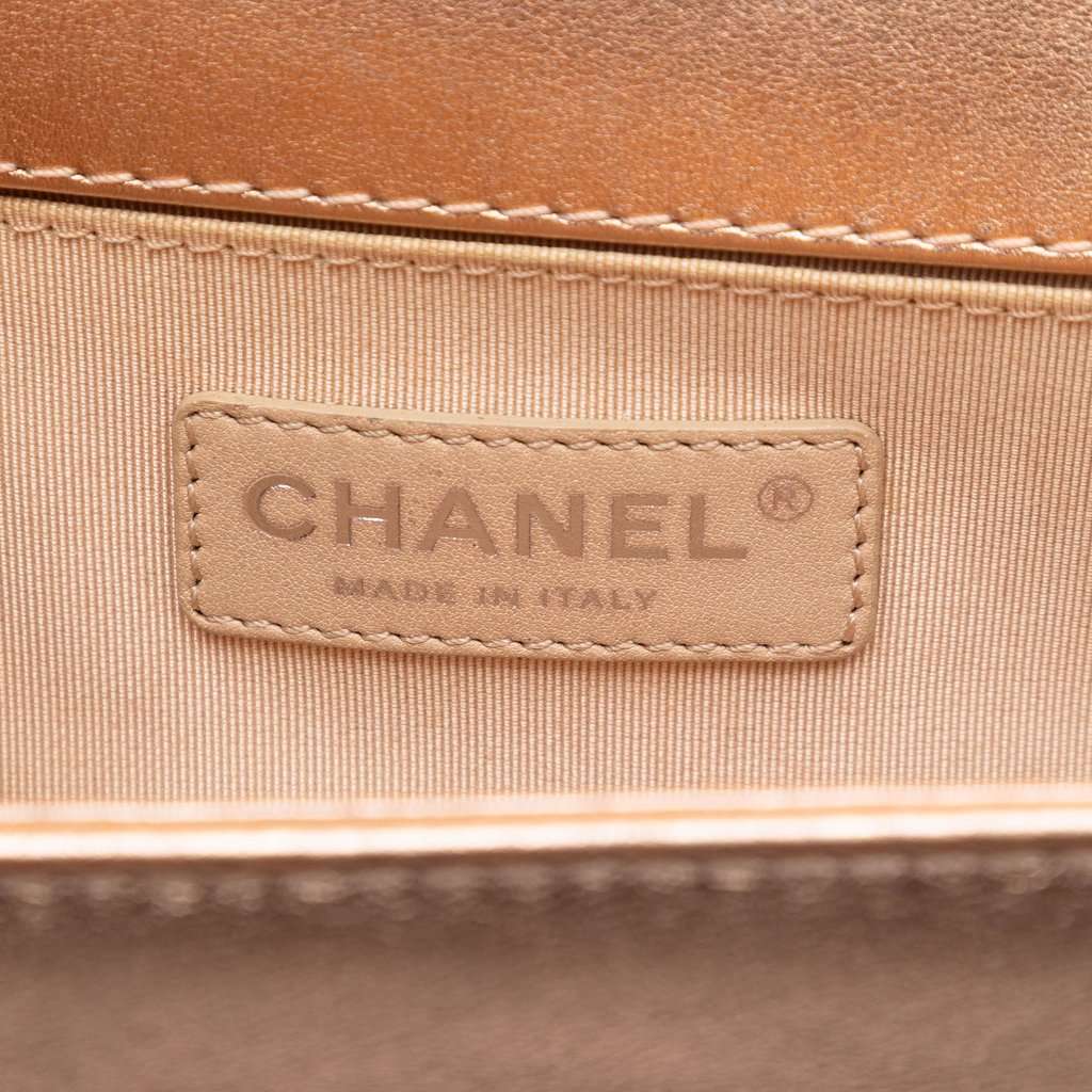 Chanel Small Quilted Perforated Metallic Lambskin Boy Flap Pink Leather Very good condition - Box View