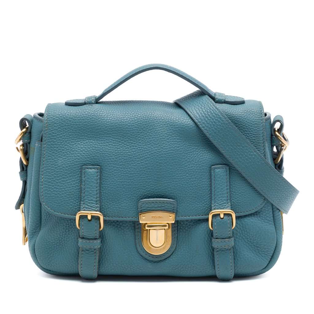 Prada Vitello Daino Push Lock Double Buckle Messenger Bag Blue Leather Very good condition - Front View