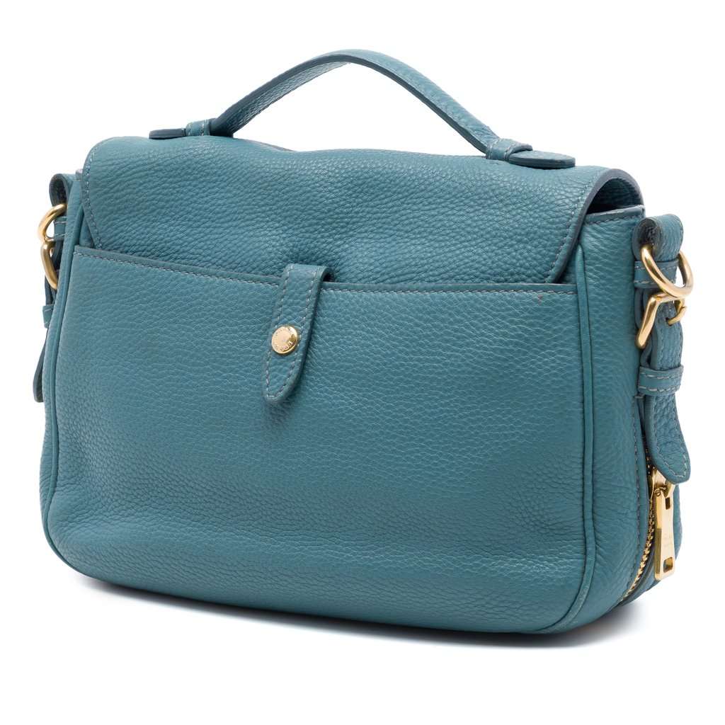 Prada Vitello Daino Push Lock Double Buckle Messenger Bag Blue Leather Very good condition - Back View