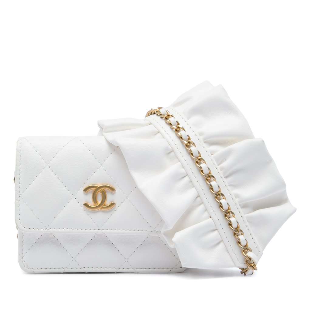 Chanel Quilted Lambskin Romance Card Holder On Chain White Leather Very good condition - Front View