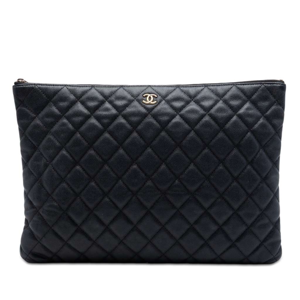 Chanel Large Quilted Caviar O Case Clutch Black Leather Very good condition - Front View