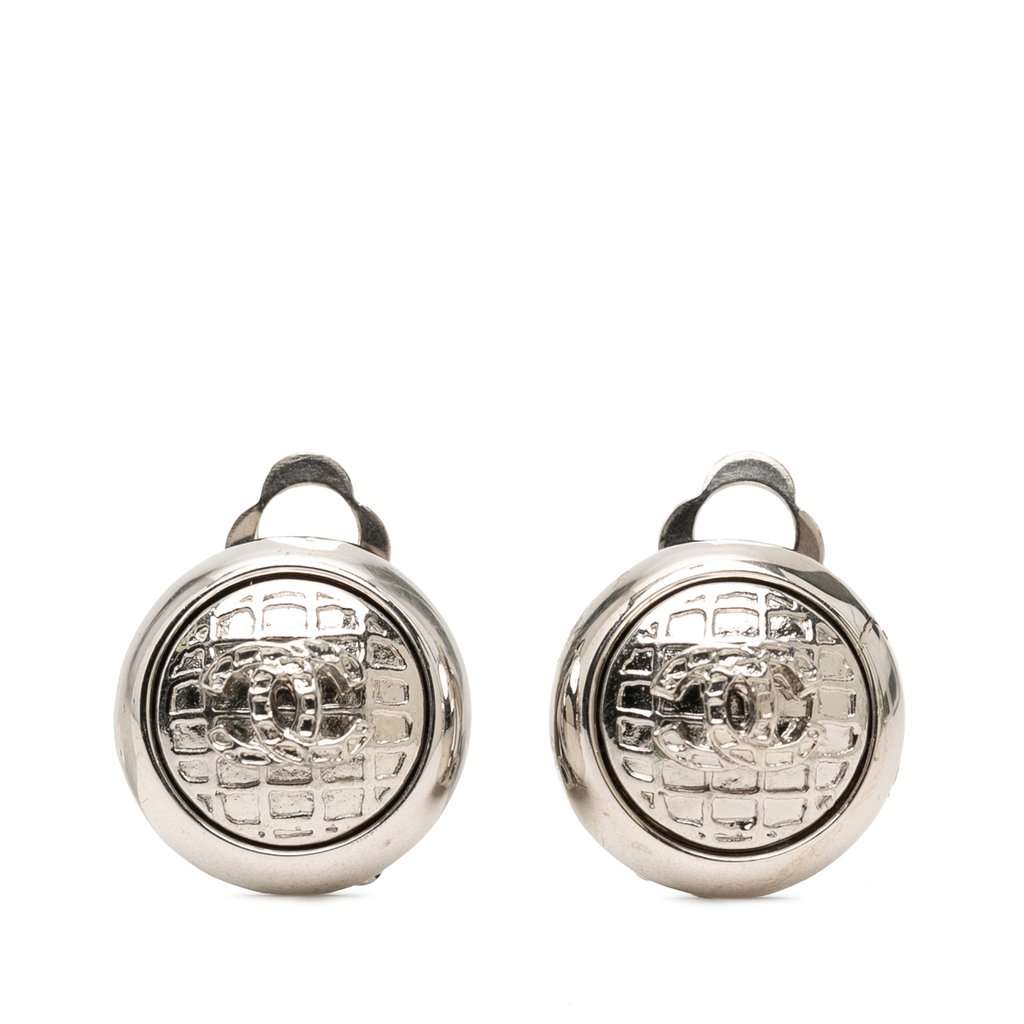 Chanel CC Brass Round Clip On Earrings Silver Metal Very good - Front View