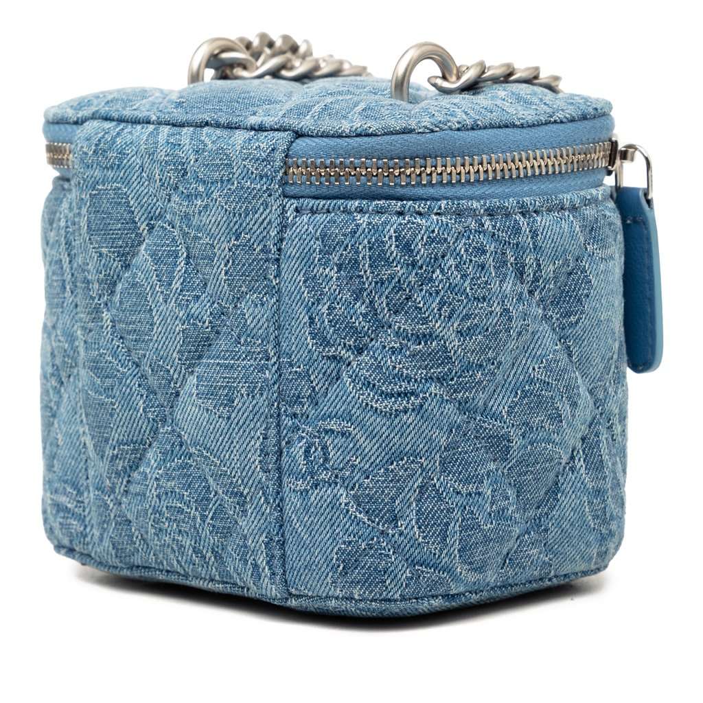 Chanel Mini Quilted Denim Camellia Sweetheart Vanity Case With Chain Blue Very good condition - Back View