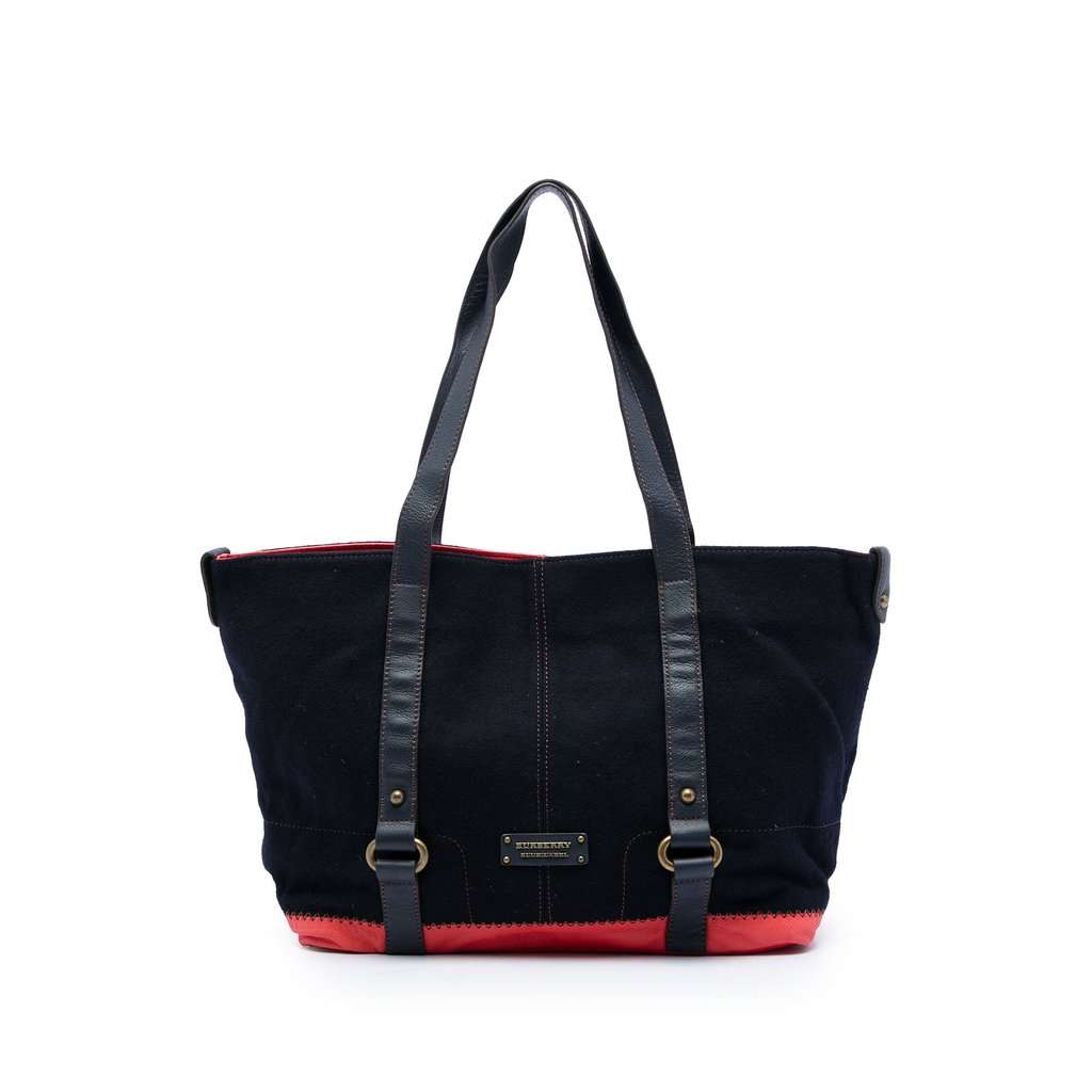 Burberry Leather Trimmed Canvas Tote Blue Very good - Front View