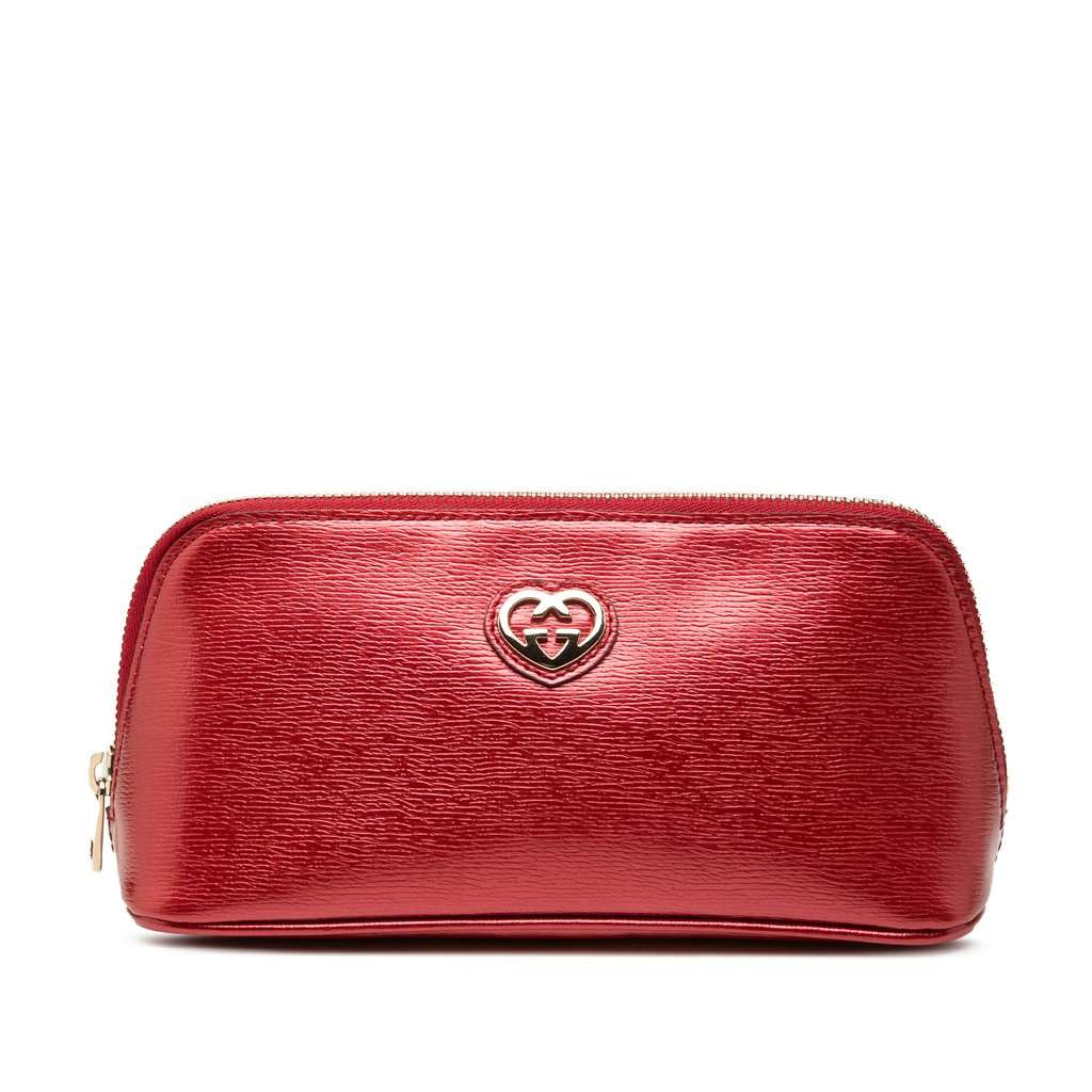 Gucci Metallic Calfskin Lovely Cosmetic Pouch Red Leather Very good condition - Front View