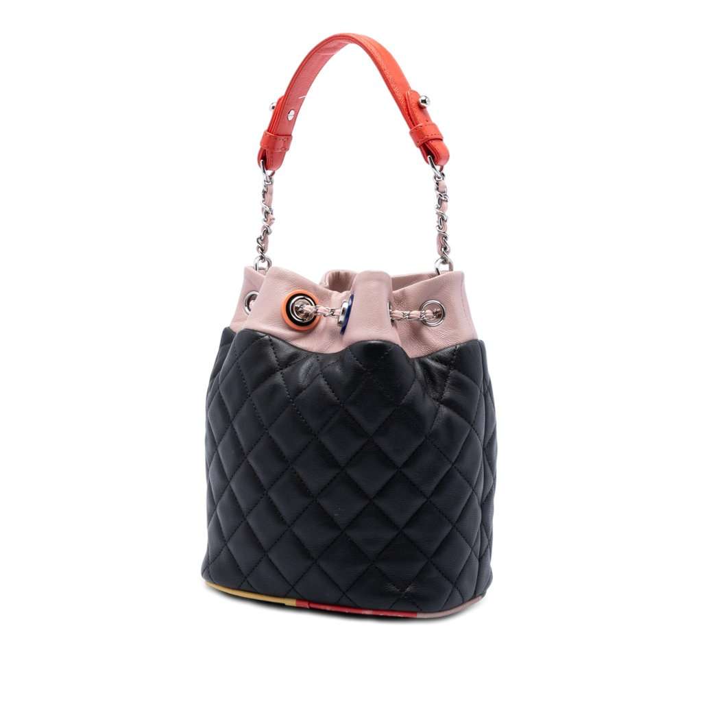 Chanel CC Multicolor Quilted Lambskin Cuba Drawstring Bucket Bag Black Leather Very good condition - Back View