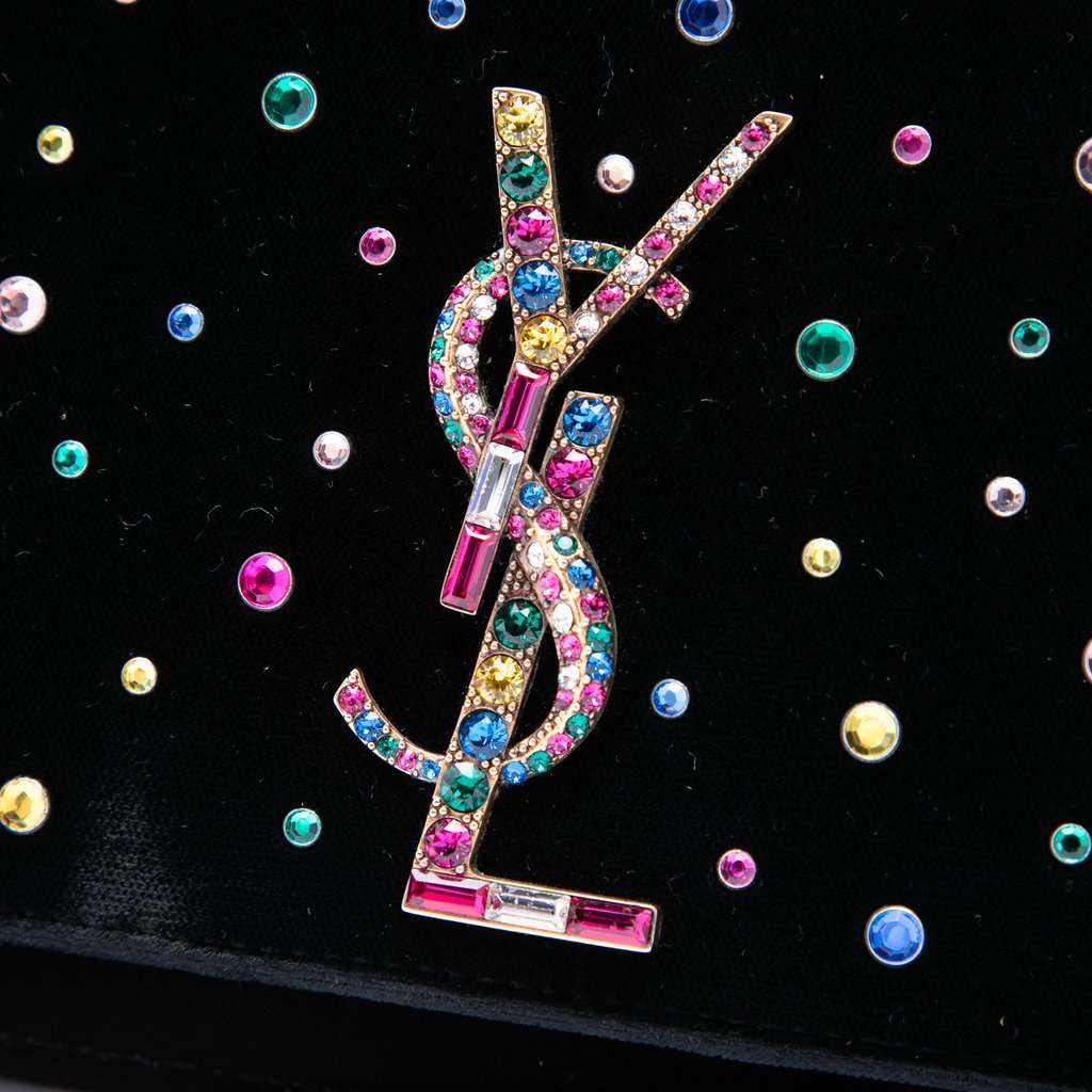 Saint Laurent Crystal Embellished Velvet Monogram Kate Wallet On Chain Black Very good condition - Box View