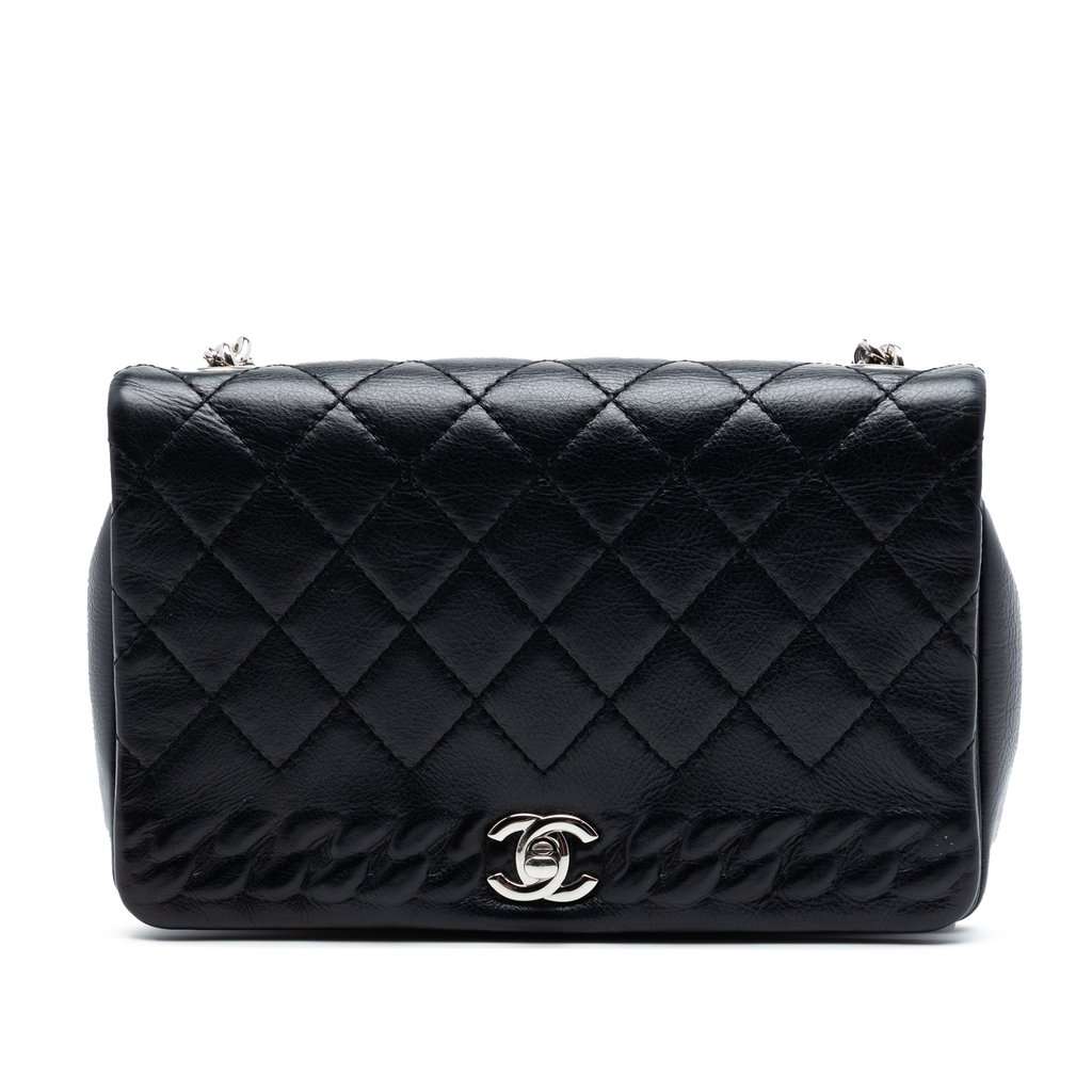 Chanel Small CC Quilted Lambskin Embossed Braid Single Flap Black Leather Very good condition - Front View