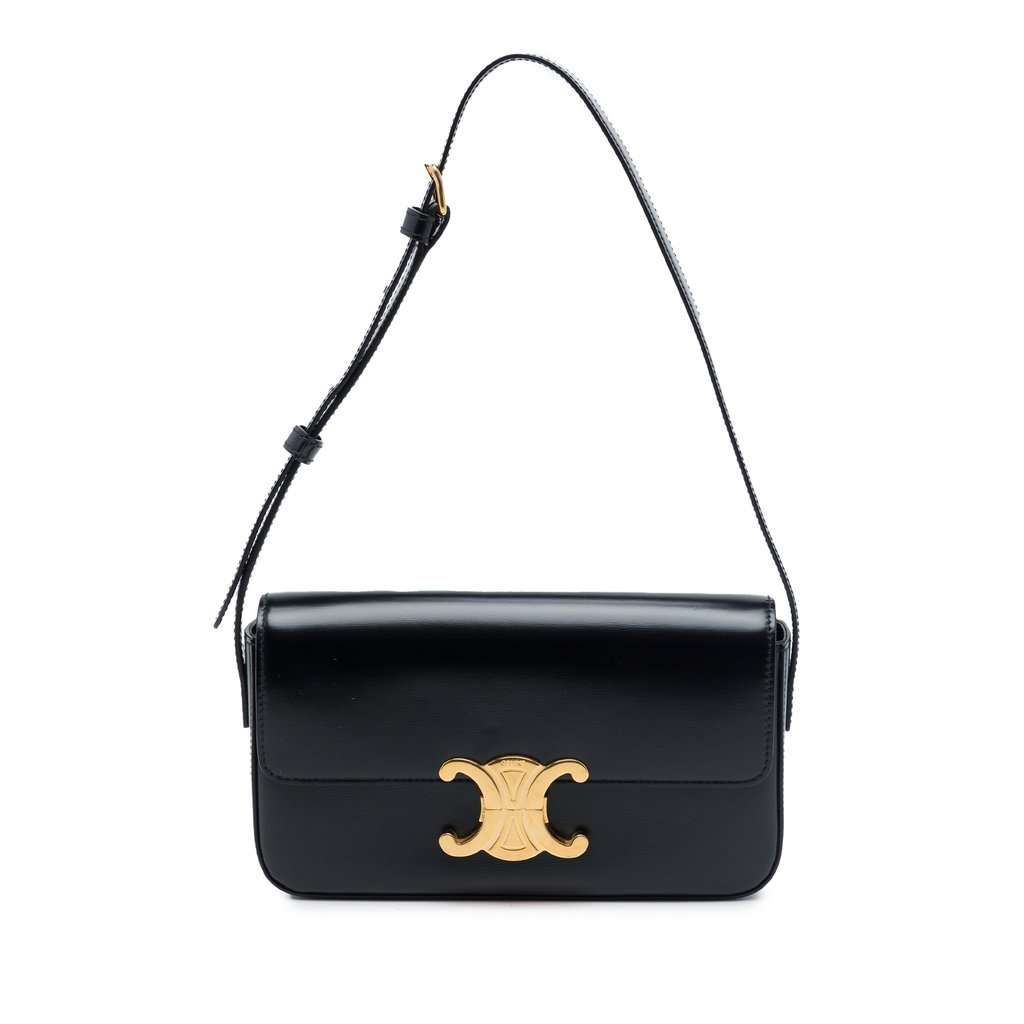 Celine Shiny Calfskin Triomphe Claude Shoulder Bag Black Leather Very good - Front View