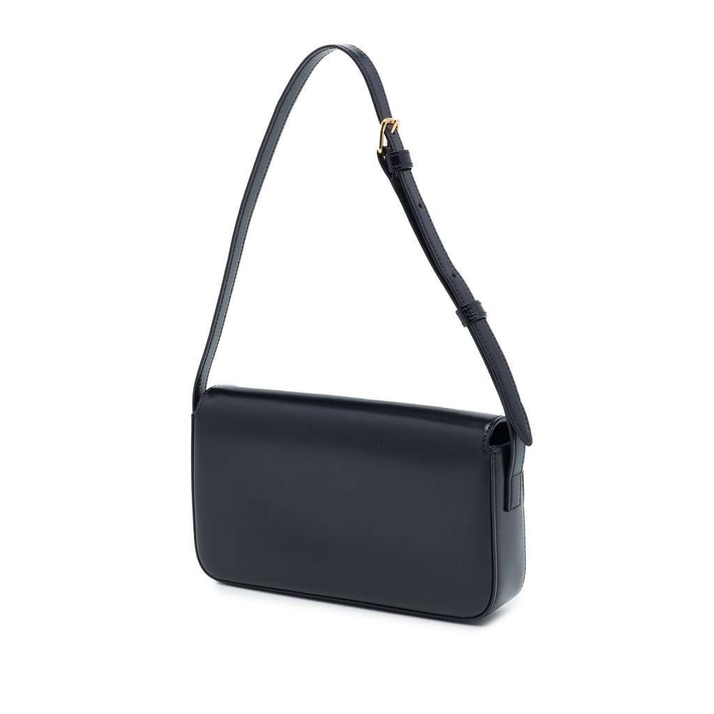Celine Shiny Calfskin Triomphe Claude Shoulder Bag Black Leather Very good - Back View