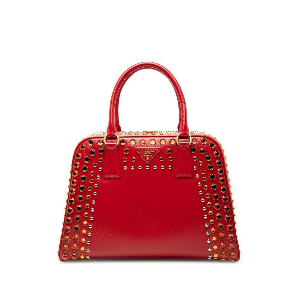 Prada Saffiano Vernice Pyramid Studded Frame Bag Red Leather Very good condition - Front View