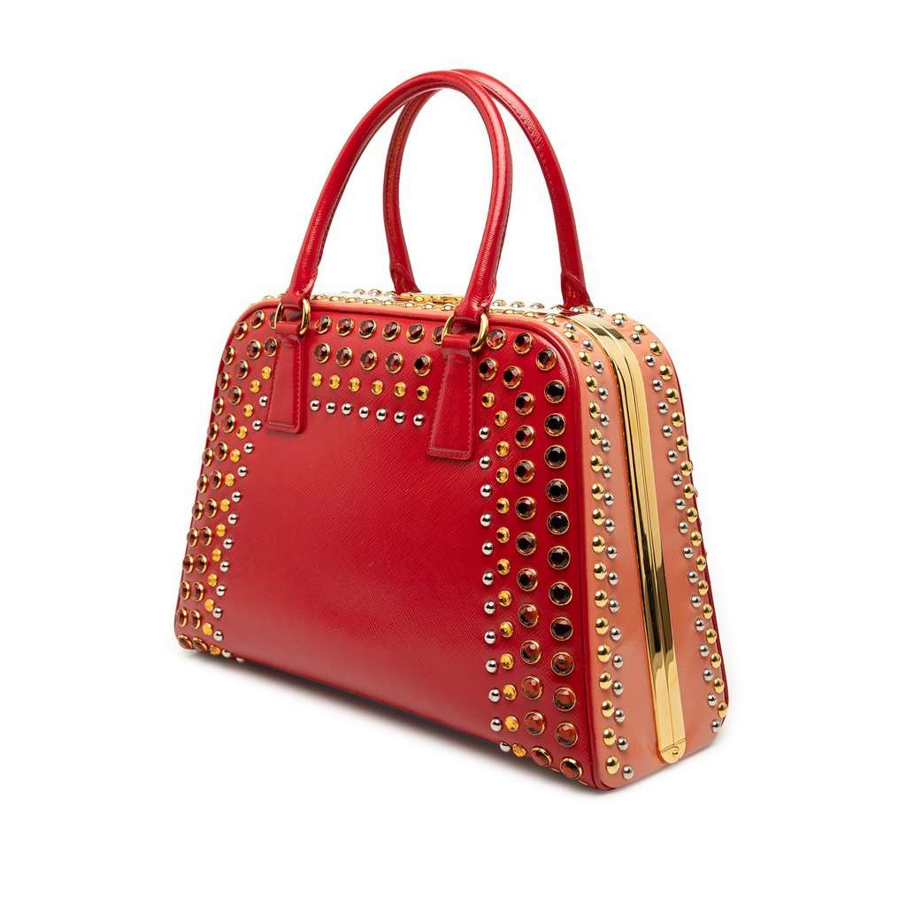 Prada Saffiano Vernice Pyramid Studded Frame Bag Red Leather Very good condition - Back View