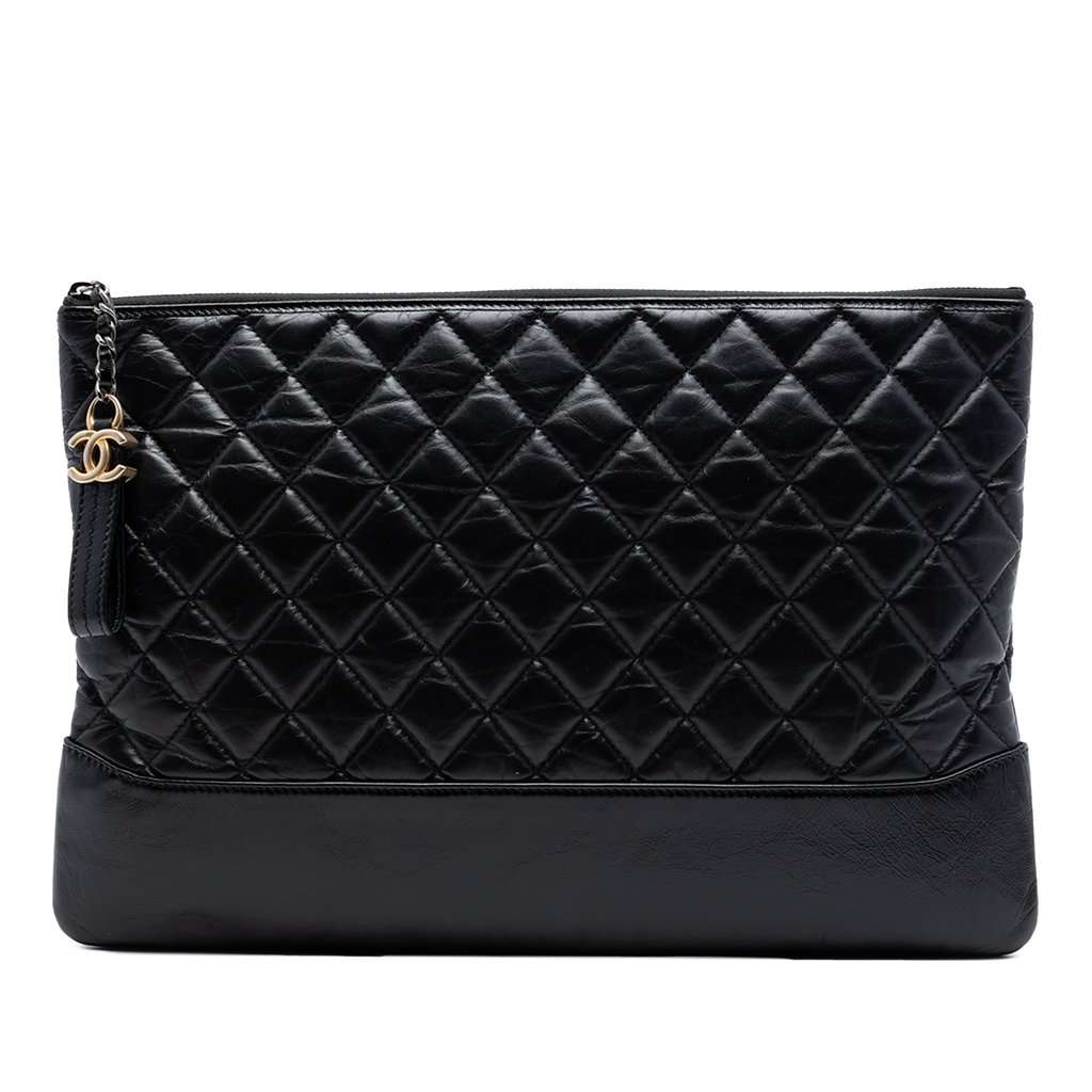 Chanel Large Aged Calfskin Gabrielle O Case Clutch Black Leather Very good - Front View