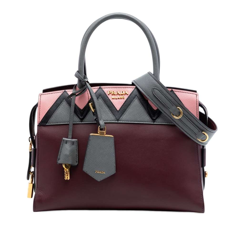 Prada Medium Saffiano Trimmed City Calf Greca Esplanade Satchel Red Leather Very good condition - Front View