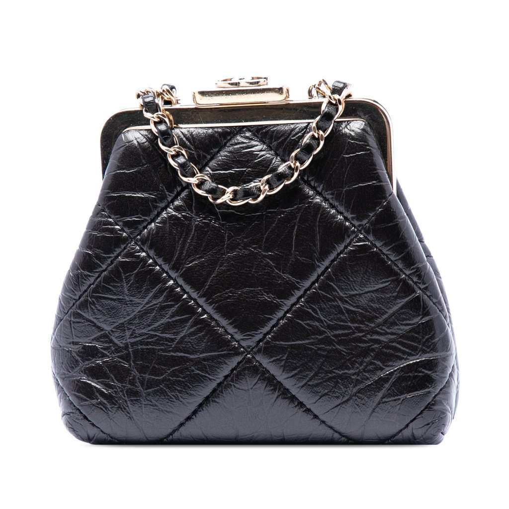 Chanel Quilted Aged Lambskin Kiss Lock Clutch with Chain Black Leather Very good condition - Front View