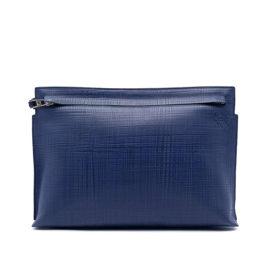 Loewe Large Linen Embossed Calfskin Anagram T Pouch Blue Leather Very good condition - Front View