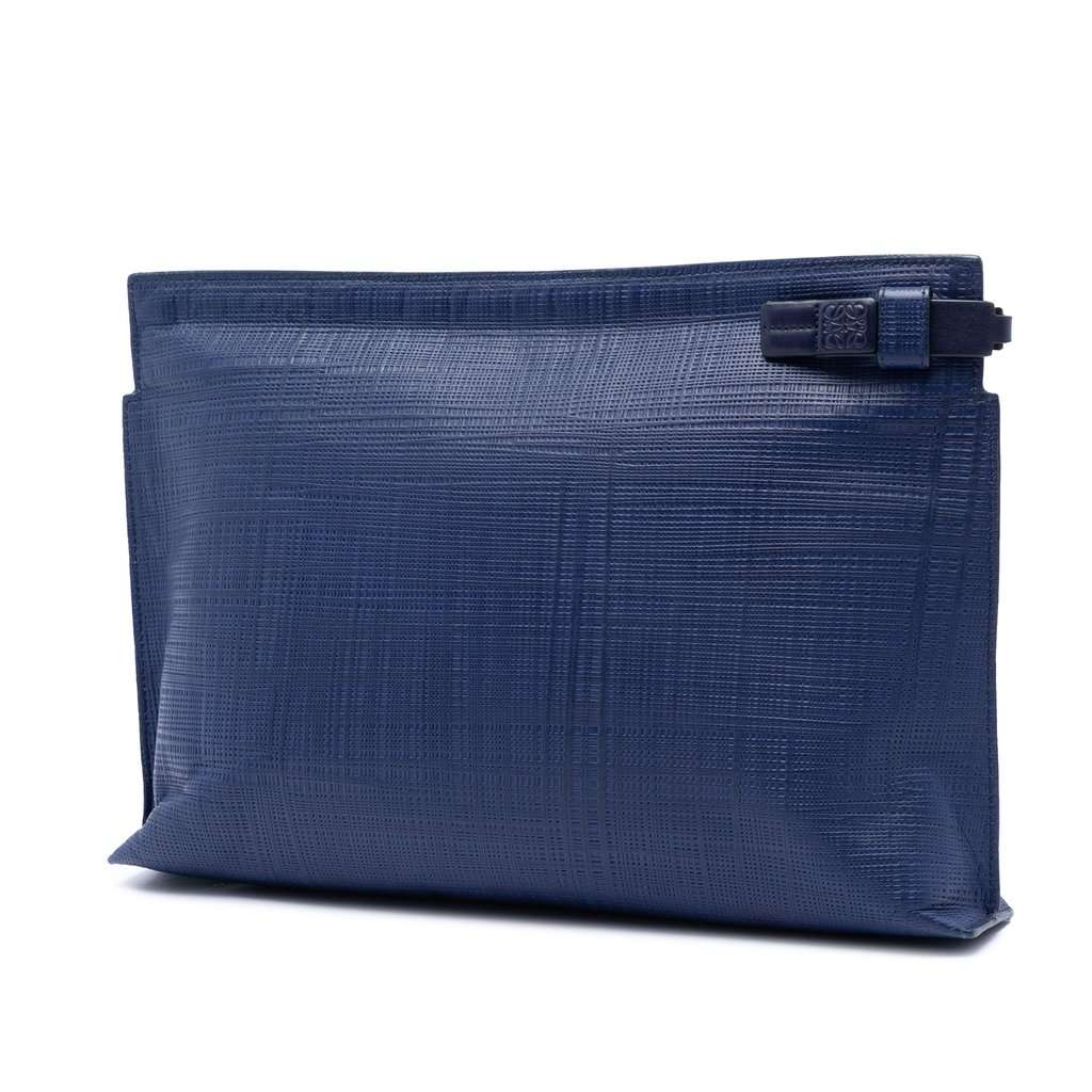 Loewe Large Linen Embossed Calfskin Anagram T Pouch Blue Leather Very good condition - Back View