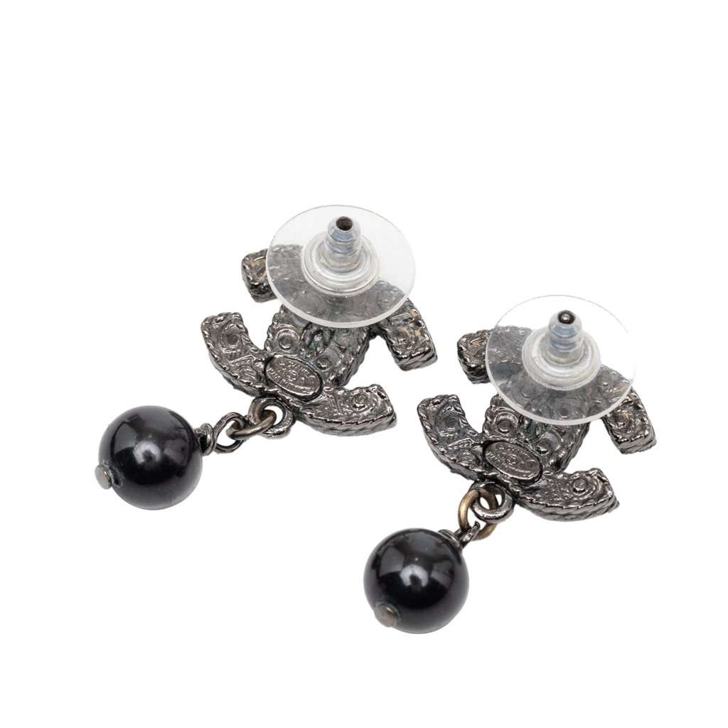 Chanel CC Brass Beaded Drop Push Back Earrings Black Metal Very good condition - Back View